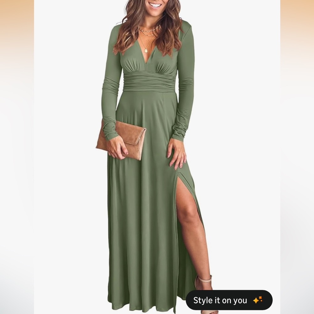 Women's Army Green V-Neck Long Sleeve Maxi Dress with Side Slit